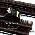 strip of chocolate satin silk 0.15mm lashes showing foil backing