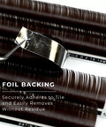 strip of chocolate satin silk 0.15mm lashes showing foil backing