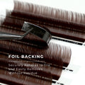 strip of chocolate satin silk 0.07mm lashes showing foil backing