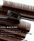 strip of chocolate satin silk 0.07mm lashes showing foil backing
