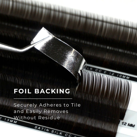 strip of espresso satin silk 0.12mm lashes showing foil backing
