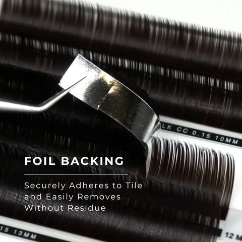 strip of espresso satin silk 0.15mm lashes showing foil backing